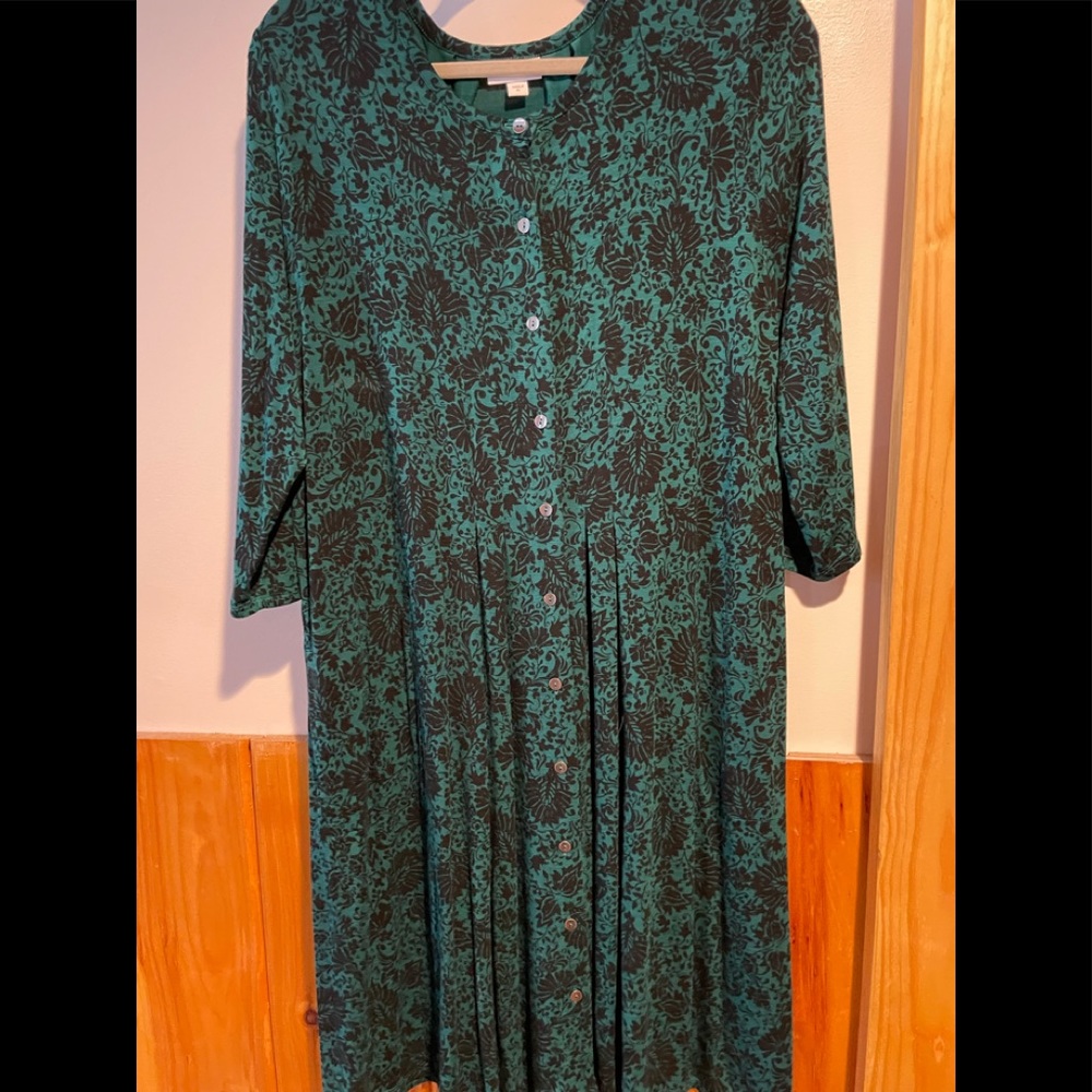 J Jill Green with Black floral print cotton dress